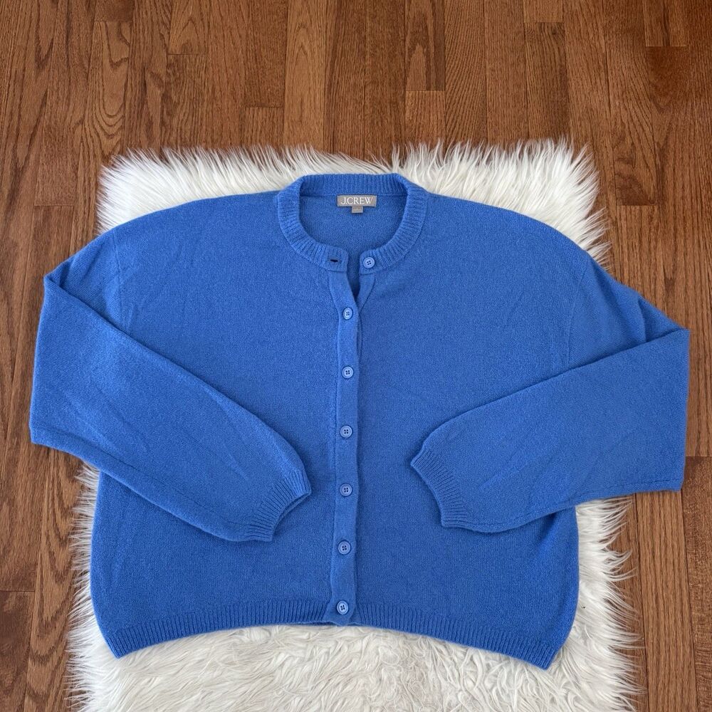 J Crew Merino Wool Cardigan Sweater Women’s Large Knit Blue Alpaca Bubble Hem L